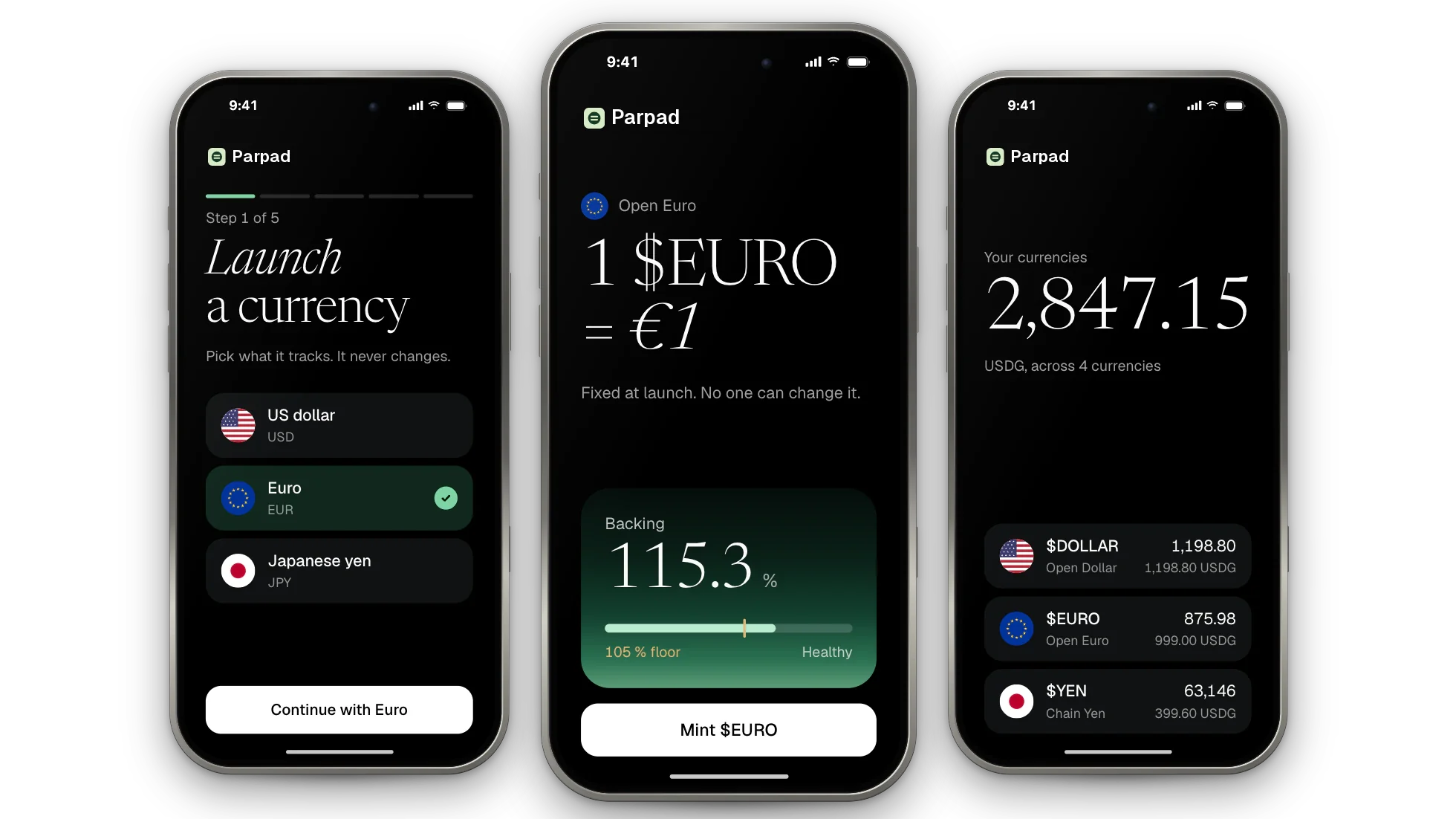 Parpad app on three iPhones: the launch wizard, a token page with Mint and Redeem, the portfolio